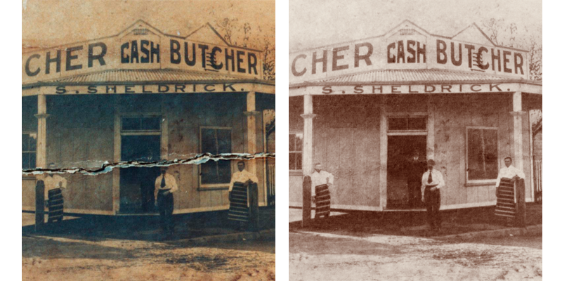 Photo restoration of a photo of a Butcher Shop, North Lismore